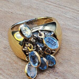 Vintage Gold-tone Dangle Blue Topaz Cluster Ring